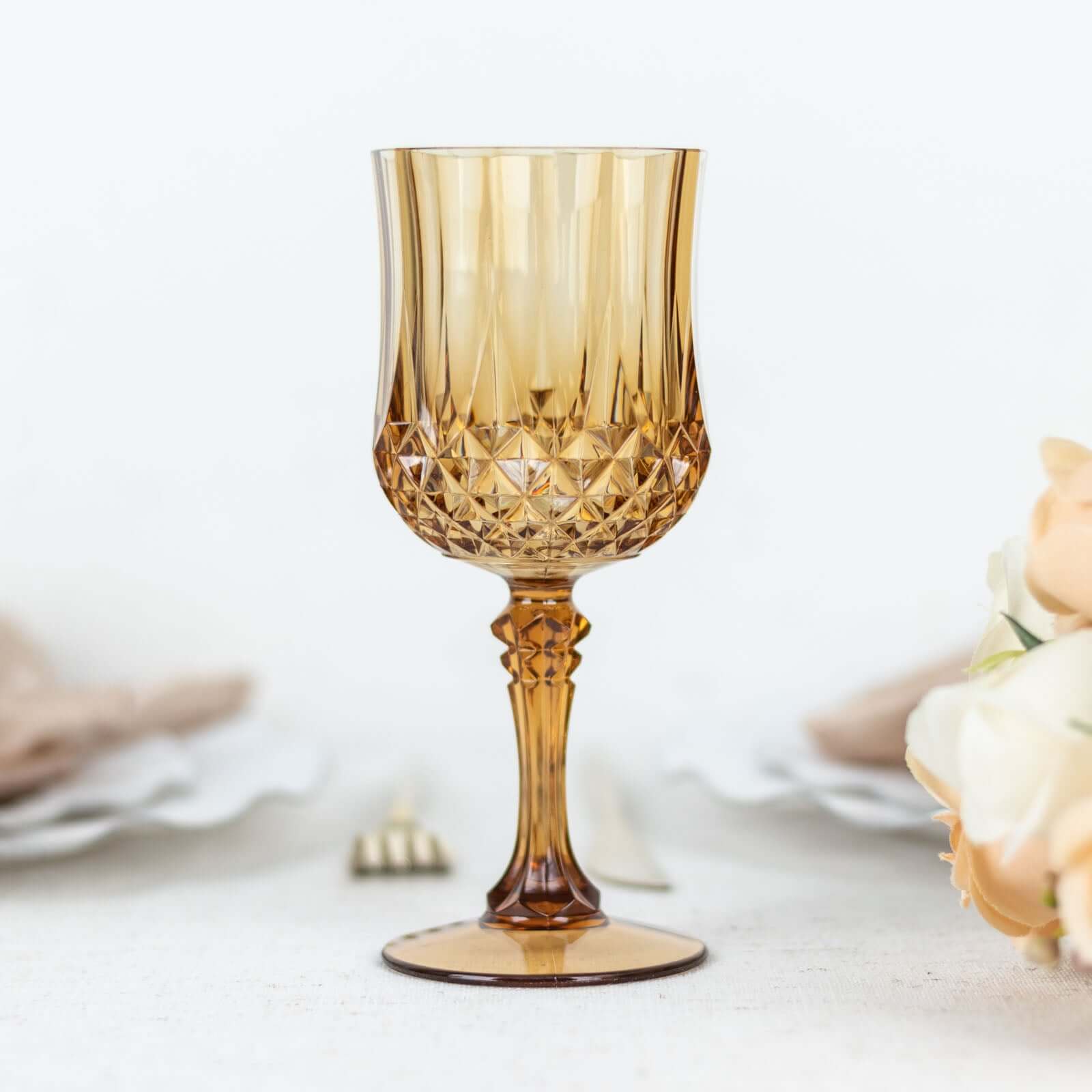 6-Pack Transparent Plastic Crystal Cut Wine Glasses 8oz, Amber Gold - Shatterproof Cocktail Goblets